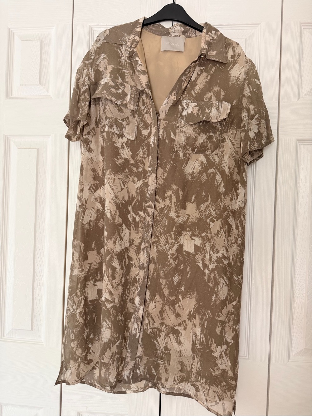 Jason Wu Taupe and Cream Brushstroke Camo Short-Sleeve Shirtdress Size 12